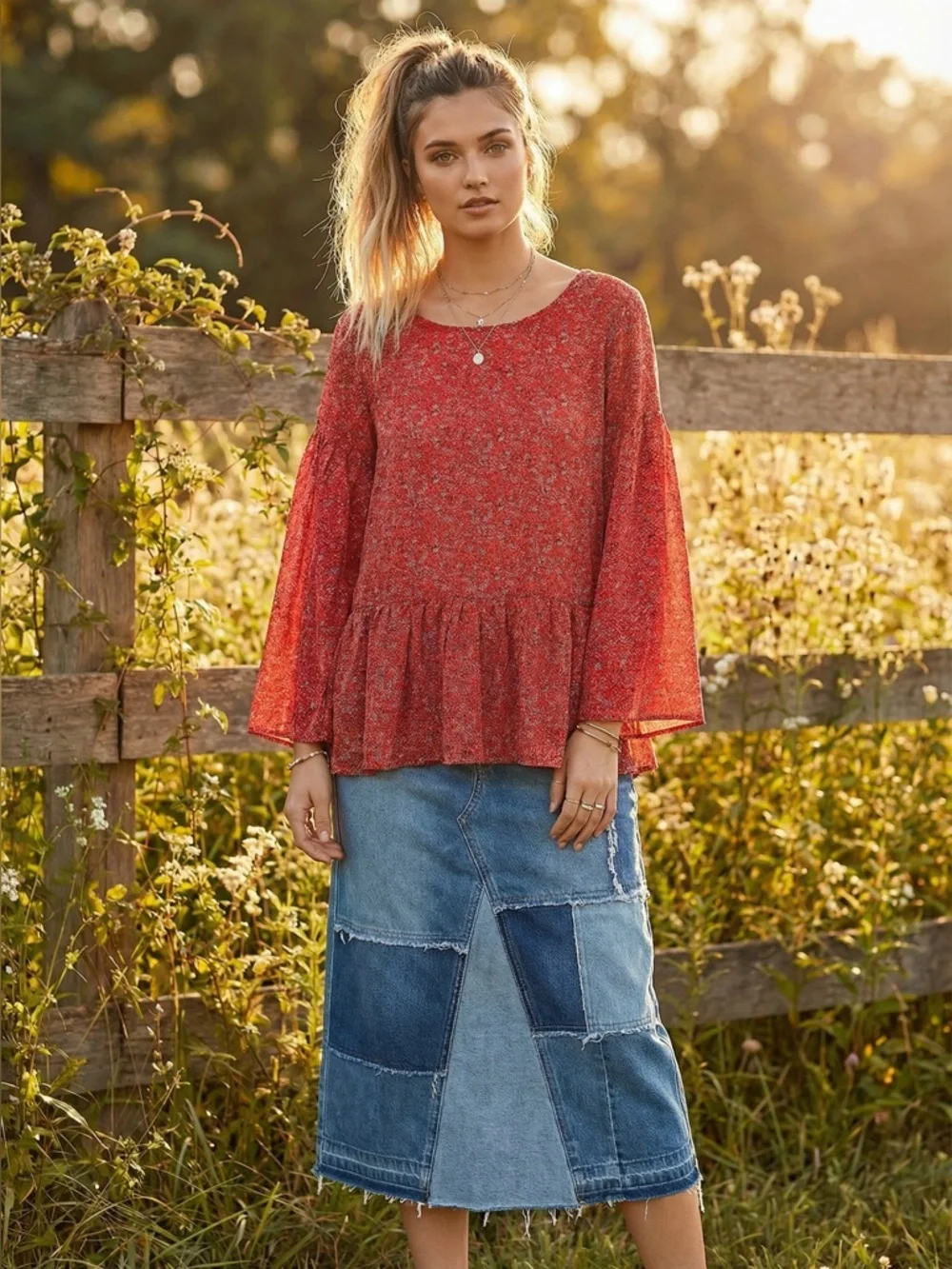 EASEL Boho flare/bell sleeve red chiffon peplum layered blouse - Picture 12 of 12